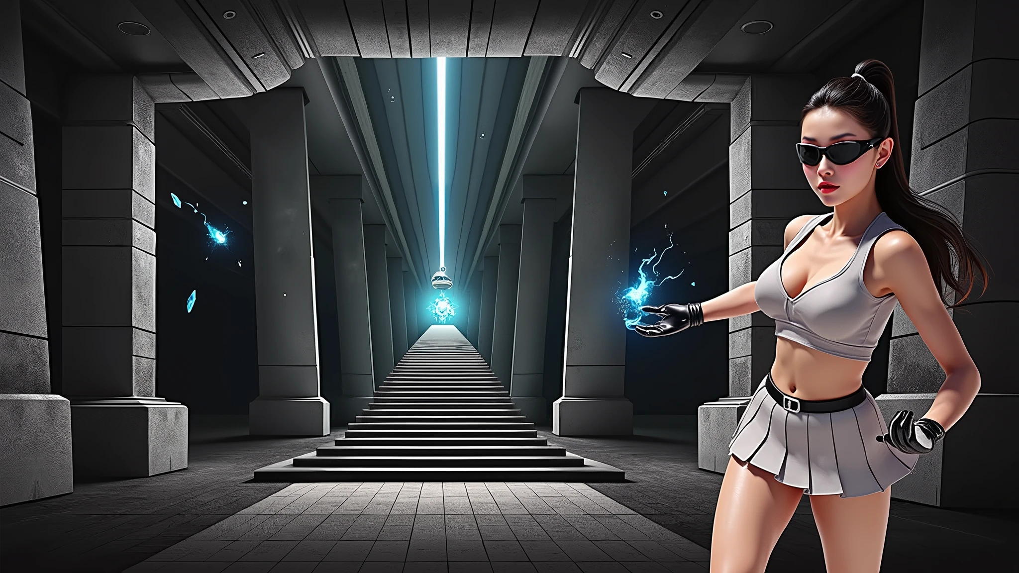 A young futuristic female sorcerer with a glowing floating small crystal stone, releasing mysterial spell and magical power, facing and defeating dark forces and beings. She stands with her right hand raised forward with a blue fire of light, at night, (1girl, solo, alone), photorealistic, large-breast slim:0.6 body, oval:0.5 face, cleavage:1.1, very low angle view of pleated miniskirt, deep-v, (upskirt), glove, (Matrix style black micro sunglasses), dynamic running pose, (half-body thigh level close-up shot), cinematic lighting, ray tracing, motion blur background.