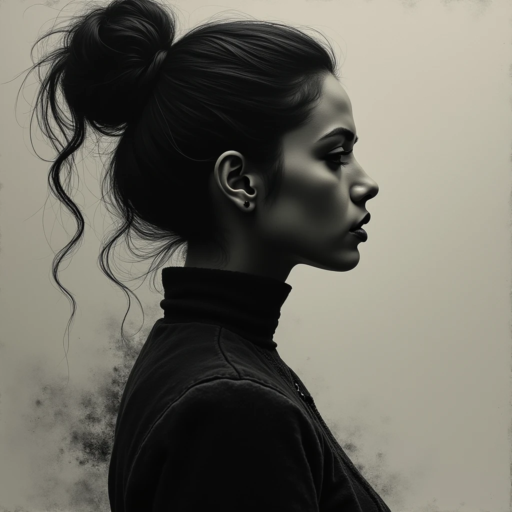 A cinematic close-up profile shot of a mysterious, mesmerizing charcoal artwork. The artwork masterfully combines gothic and abstract styles, portraying a strong, enigmatic Indian woman with dark hair styled into intricate buns on each side of her head, evoking a striking resemblance to Eiza González. The background is muted and faded, allowing the outer glow around her to distinguish her from the surroundings. The powerful and mysterious figure is dressed in a captivating outfit, enhancing the dark fantasy ambiance. The artist expertly utilizes dark tones, intricate details, and expressionism to create an emotionally charged atmosphere.