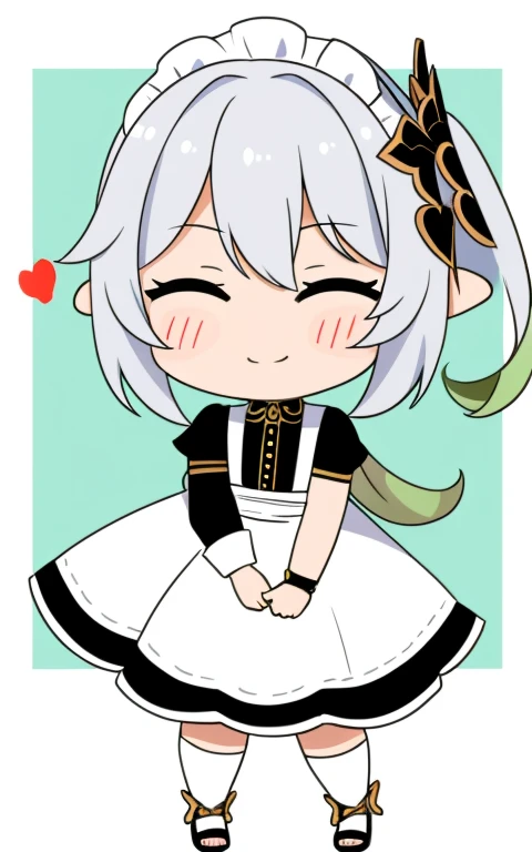 fullcg,Best quality,highest quality, 8k,Soft lighting, Confused, Looking at the audience, alone, smile, Knee socks,Nahida Genshin Impact | Character Lora 1283,((low length:1.5)),((chibi:1.5)),((little child girl)),1girl,difficult,cowboy shot,Beautiful cityscape,(standing:1.6),(Front facing:1.5),(((pretty maid costume))),((making a heart with fingers)),(((wink))),
