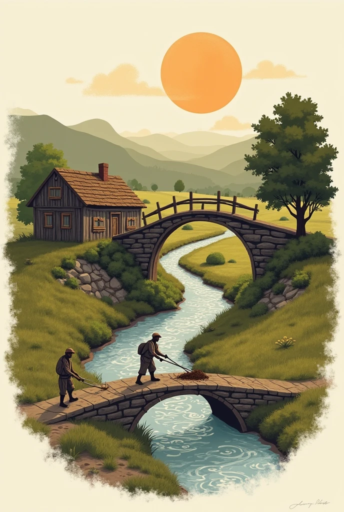Create logo with a house made of boards, a big bridge, a stream, a peasant plowing