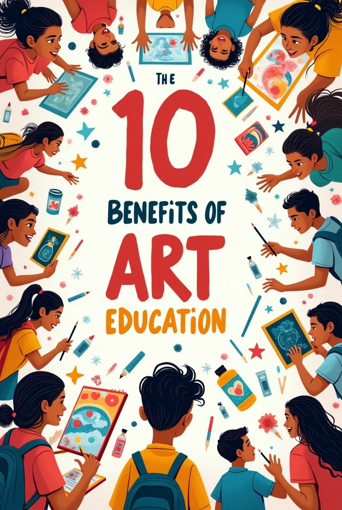 poster drawing with no text showing these elements: NO TEXT JUST PURELY DRAWINGS NO TEXT OR WORDS PLEASE 
10 Benefits of Art Education (Seneca Academy, 2017)                1. Working in the arts help learners develop creative problem solving skills.
2. Teaching through the arts can present difficult concepts visually, making them more  easy to understand.
3. Art instruction helps children with the development of motor skills, language skills, social skills , decision- making, risk- taking and inventiveness.
4. Visual arts teach learners about color, layout, perspective and balance; all techniques that are necessary in presentation(visual and digital) of academic work.
  5. Integrating art with other disciplines reaches students who might not otherwise be engaged in classwork.
6. Art experiences boost critical thinking, teaching students to take the time to be more careful and thorough in how they observe the world.
7. The arts provide challenges for learners at all levels.
8. Art education connects students with their own culture as well as with the wider world.
9. Young people who participate regularly in the arts are 4x likely to be more recognized for academic achievement. (Health, Soep and Roach, 1998)
10. Greater arts education leads to fewer disciplinary infractions and higher attendance , graduation rates and test scores. (Missouri, 2010)