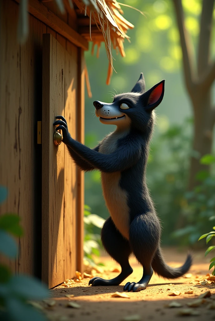 pixar style sideview of a 3D scary cute black furry wolf with realistic black fur 3D illustration looking at the wooden door and knocking the closed wooden door of a straw house, (1male wolf:1.2), (sinister yet playful expression:1.5), dangerously playful, dark humour, standing on its too feet like a cartoon character, lean build, (disproportionate body long nose and mouth), (smiling notoriously with expression of sly and mischief), (realistic fur texture), (jungle background:1.4), standing and knocking the door of a straw house, sunlight filtering through the trees, (soft lighting:1.3), (green and earthy color scheme:1.3), (highly detailed), (ultra quality:1.3), (masterpiece), (digital art), 8K resolution, HDR, depth of field, (soft shadows), (photorealistic:1.3), (animation:1.2), (by Greg Rutkowski:0.9), (in the style of Alphonse Mucha), trending on ArtStation, award-winning art