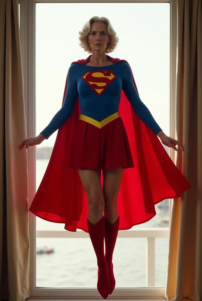 open window(((full body view))); Supergirl 1984s Julie Hagerty(((very beautiful old Supergirl (((1984s movie costume))); Julie Hagerty))) Super old woman Julie Hagerty; full body; stretched in the air, confident, powerful, indestructible, attractive; flutuando no ar. 