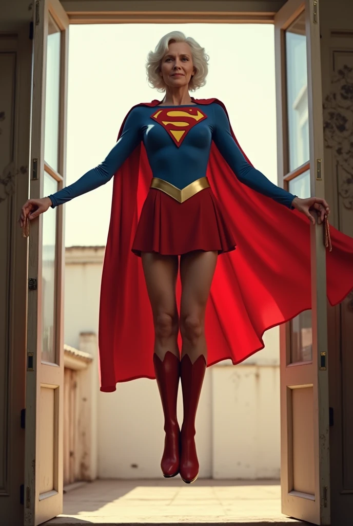 open window(((full body view))); Supergirl 1984s Julie Hagerty(((very beautiful old Supergirl (((1984s movie costume))); Julie Hagerty))) Super old woman Julie Hagerty; full body; stretched in the air, confident, powerful, indestructible, attractive; flutuando no ar. 