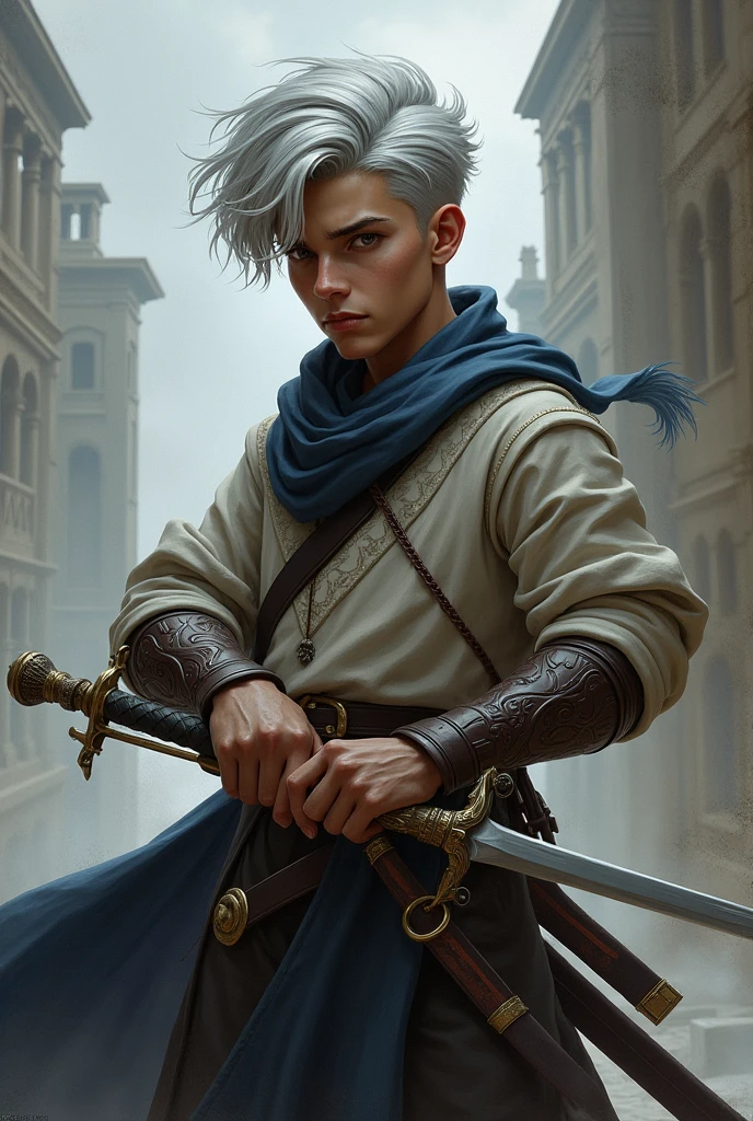 Tan good looking boy with grey hair holding a sword full body