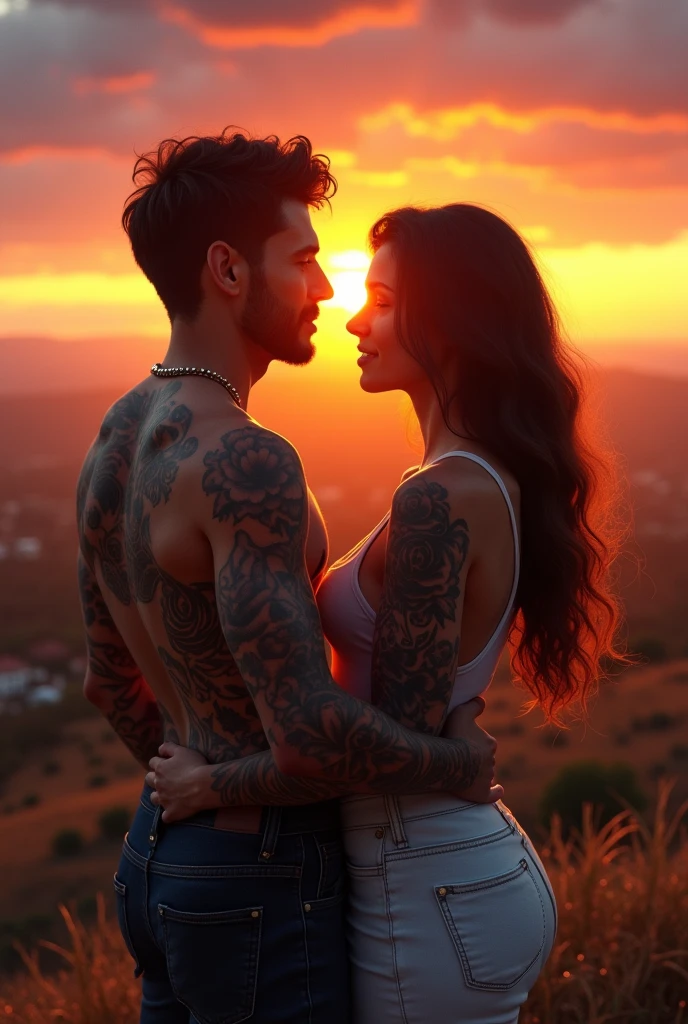 Couple with tattoo watching the sunset