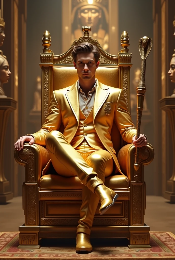 Handsome man, white skin, thin, with golden pants and a golden suit on a golden chair with a baton of command without a shirt crossing his legs, golden boots sitting on a king's chair with a crown and around him there are displays of objects from some ancient Egyptian museum and a sandbox next to it