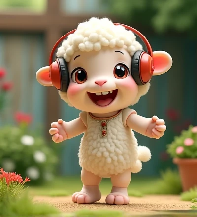 Imagine a realistic little lamb with exaggeratedly funny features, oversized, dressed in cute clothes, bright eyes and curiosity, smiling, frontal image, smiling bunny, Disney  style, capturing natural textures, although their paws are a little bigger, they are even cuter. The background is a simple garden, focusing on natural colors and some green plants, creating bright colors and white lambs, as you have, blouse and headphones, dancing sheep