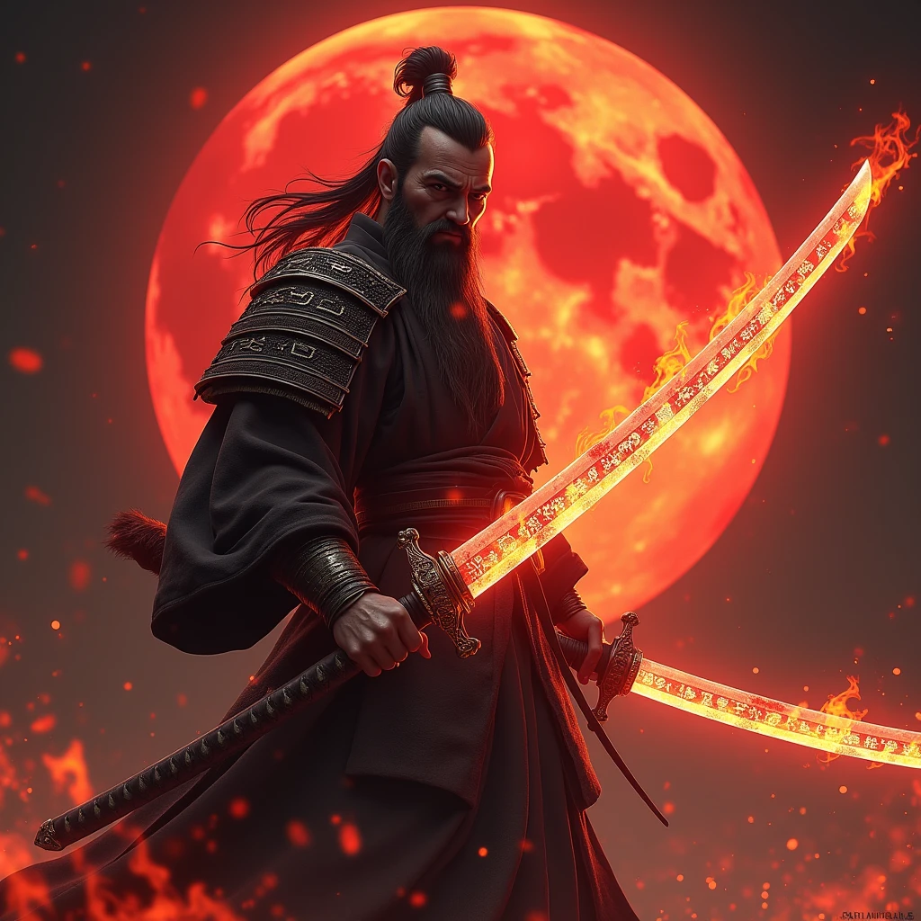 A blood moon samurai holding a magical katana with fire powers, intricate japanese engraved blade, glowing red hot edge, stylish katana hilt with dragon motif, dramatic red and orange flames surrounding blade, beautiful japanese calligraphy, ancient samurai warrior holding katana, epic fantasy concept, detailed 8k, cinematic lighting, unreal engine, highly detailed, photorealistic, photorealistic, hyper realistic, intricate details, high resolution, high quality, cinematic, depth of field,