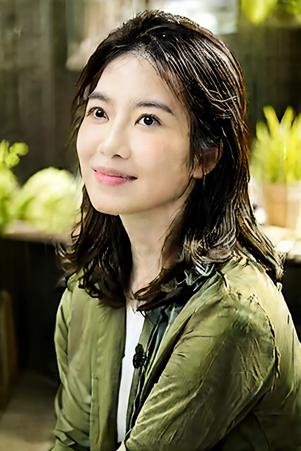 A 4 Thai woman with Asian skin, a fat figure, weighing 75 kilograms, with loose wavy hair tied up, wearing a typical farmer's work uniform.