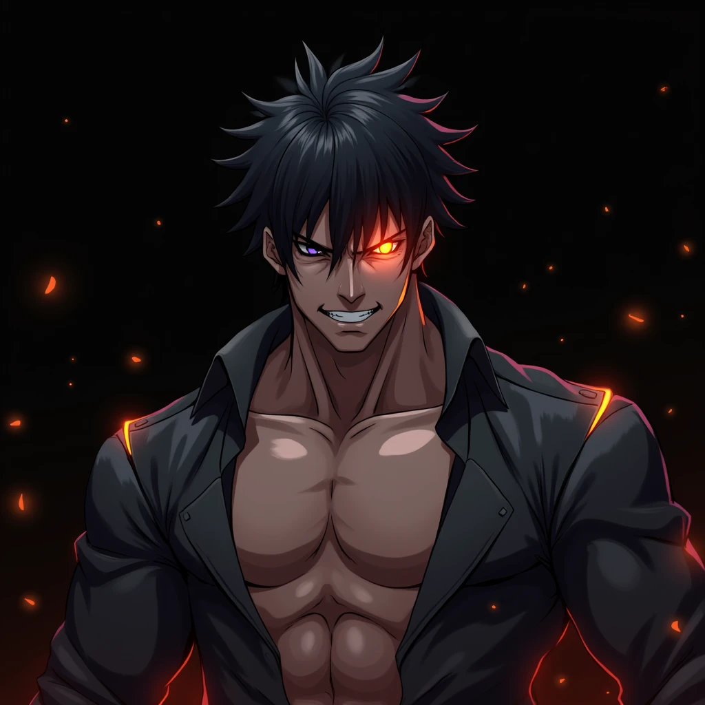 Generate a dark, intense anime-style character portrait. The character should be a muscular male with a sharp, angular face, spiky black hair, and a fierce expression. His hair should have a slightly wild look with strands falling over his face. The character's right eye should be glowing with a fiery orange light, while the left eye remains dark, adding to the menacing vibe. His attire should include an open dark gray shirt, revealing his chiseled chest and abs. The shirt should have a futuristic, slightly reflective texture with faint glowing accents along the edges, adding to the overall dark, sci-fi theme. The background should be pitch black, with small glowing orange embers floating around him, emphasizing his intense, powerful aura. Ensure the lighting highlights the contours of his face and body, with subtle shadows adding depth