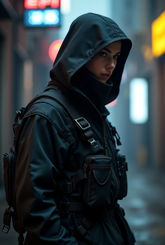 A photo shoot of a guy wearing a futuristic black hoodie with high neck cover attached on hoodie and without zipper in front, gargo military pockets and straps, unconventional unique urban black hoodie with futuristic military look and without front zipper. The photo shoot takes place on a cyberpunk alley with dark atmosphere and futuristic neon signs. Photography, Photorealistic, realism, extreme detail, high quality graphics, ultra realistic, hyperrealism, high resolution, extreme quality, masterpiece, 4k hdr