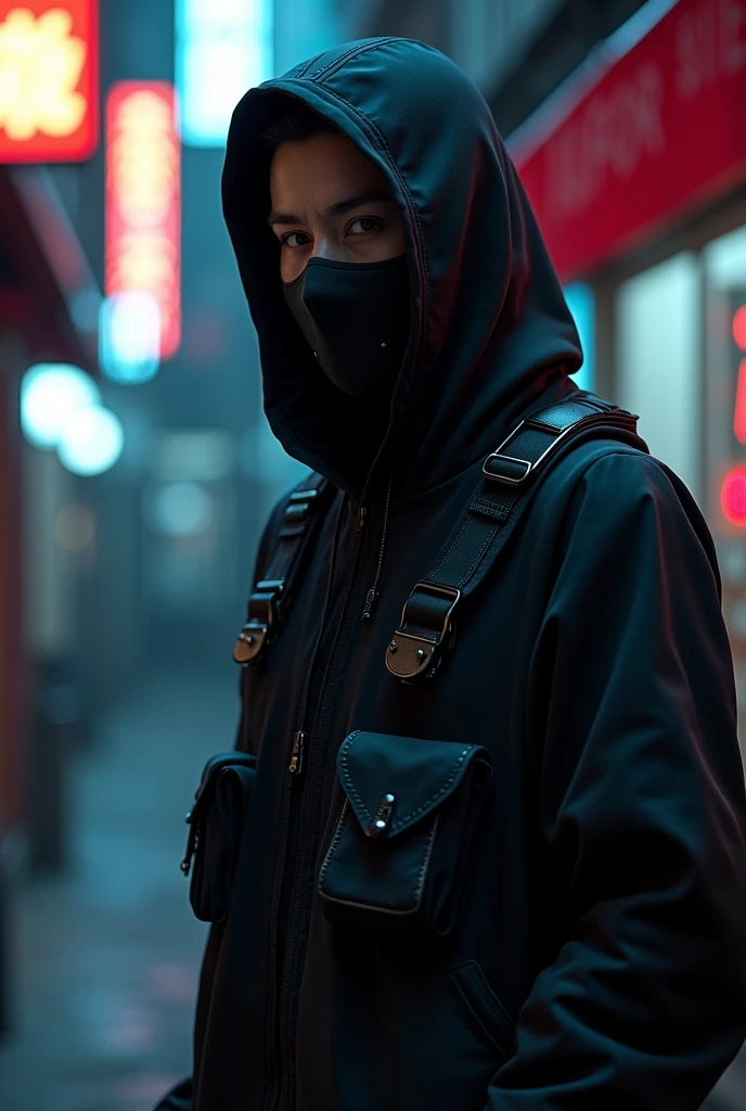 A photo shoot of a guy wearing a futuristic black hoodie with high neck cover attached on hoodie and without zipper in front, gargo military pockets and straps, unconventional unique urban black hoodie with futuristic military look and without front zipper. The photo shoot takes place on a cyberpunk alley with dark atmosphere and futuristic neon signs. Photography, Photorealistic, realism, extreme detail, high quality graphics, ultra realistic, hyperrealism, high resolution, extreme quality, masterpiece, 4k hdr