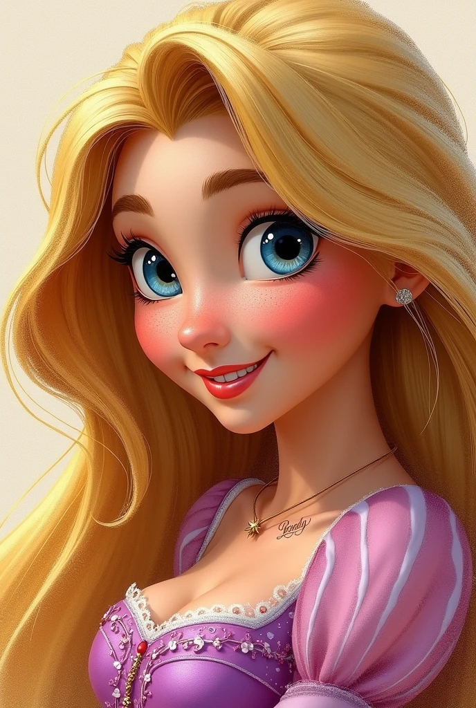 Disney's Rapunzel, retrato close up, representing his personality with his pose , let your hair surround the image , sensual look in crayon and pencil