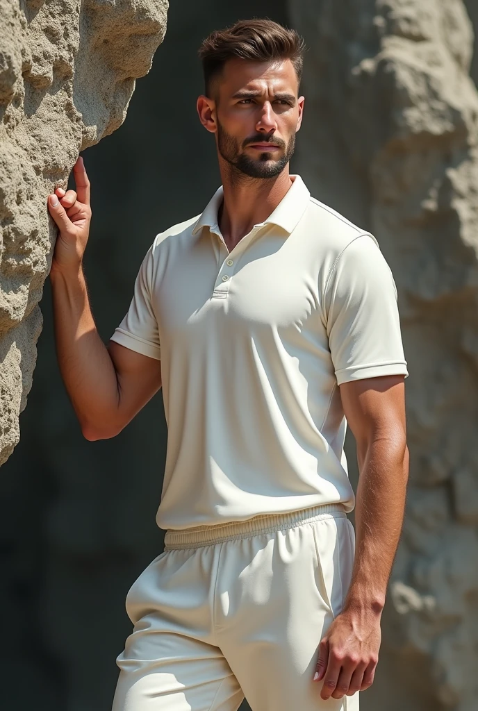 A man 30 years old boy stood with his hand on the rock wearing cricket white jersey 