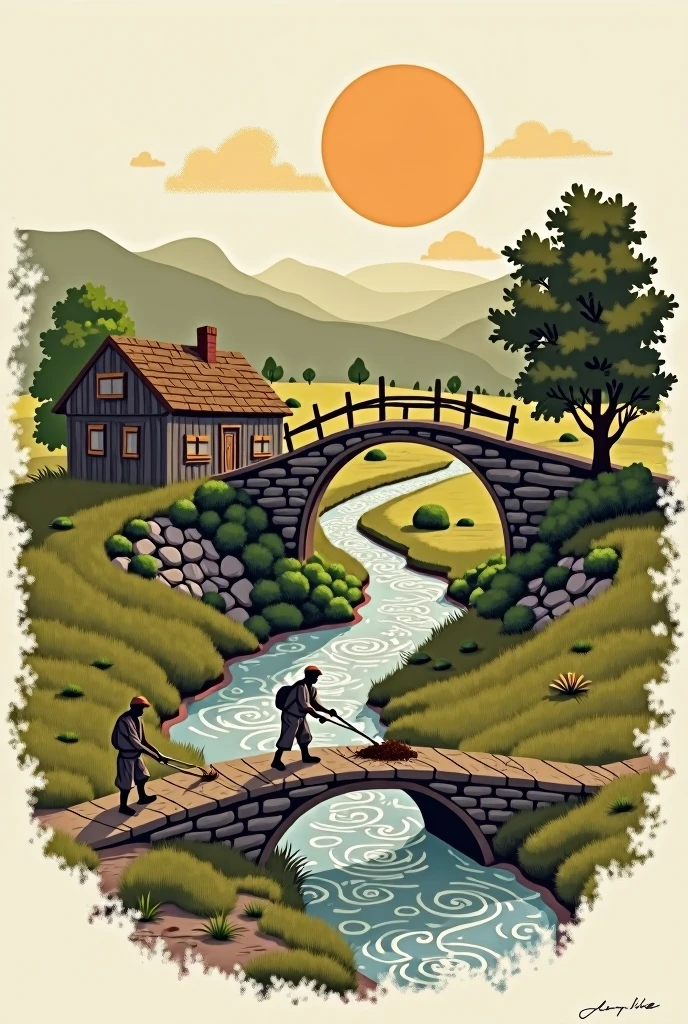 Create logo with a house made of boards, a big bridge, a stream, a peasant plowing