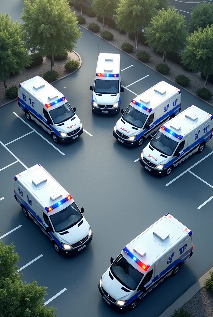 Creates small company parking lot with white and blue ambulances