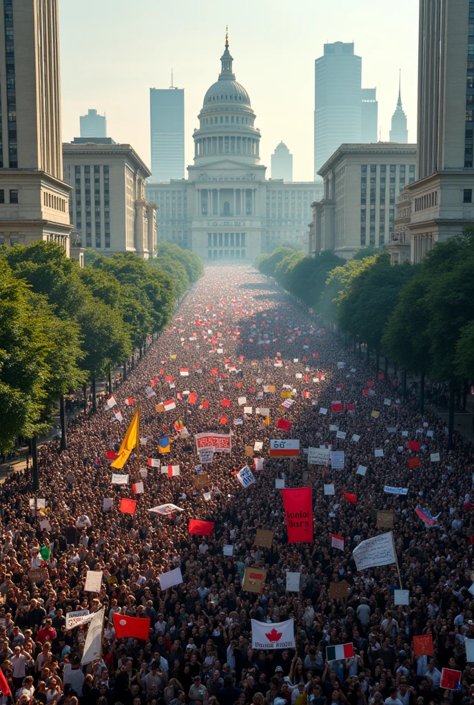 A massive Protest a high birds eye view at government buildings 