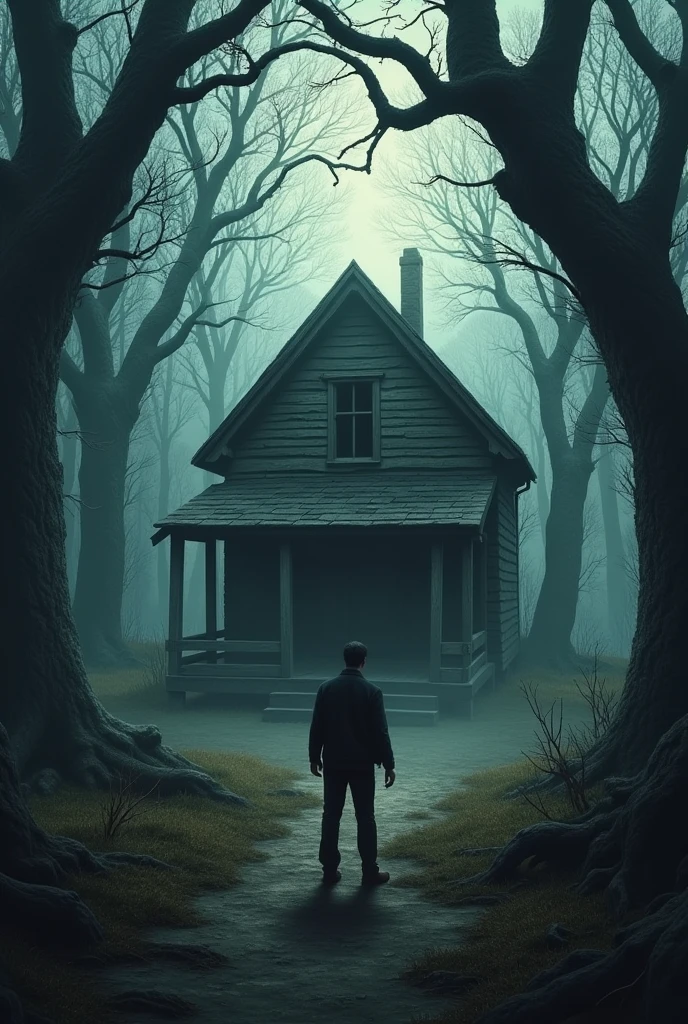 Believe me creative horror book cover with a man and a cabin in the woods.