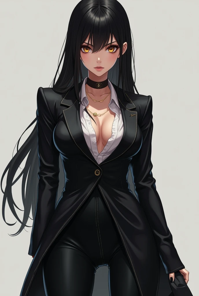 I used to be innocent, trusting everyone and seeing the good in everything. But betrayal and pain changed me. Now, I'm cold, guarded, and no longer the naïve girl I once was. The world taught me to be tough, and I’ve learned to protect myself, even if it means shutting others out, confident, tall amd sexy, Anime girl, black suit ,big breasts , glowing eyes, smirking
