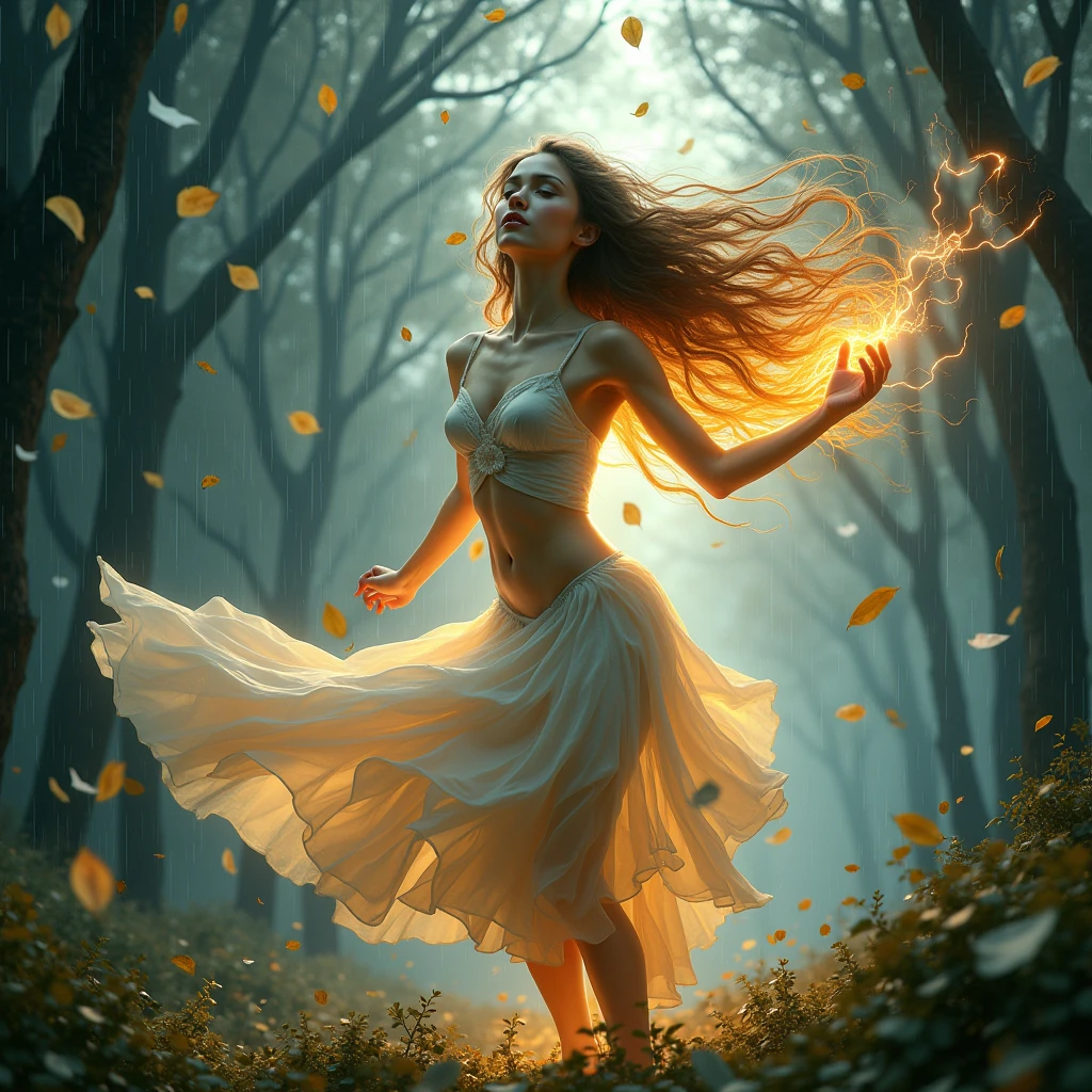 portrait character the body is made of air, air skin, air element Creature, dance with wind and leaves, beautiful, proud, high detail, masterpiece, long hair, With trees in the background, skin emits light, eyes emits light, athletic body, erotic outfit, lots of wind in her hair, in the trees and in the whole scene, stormy clouds, rain, lightning, newspapers and papers blown by a strong wind