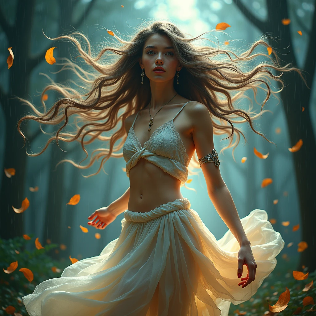 portrait character the body is made of air, air skin, air element Creature, dance with wind and leaves, beautiful, proud, high detail, masterpiece, long hair, With trees in the background, skin emits light, eyes emits light, athletic body, erotic outfit, lots of wind in her hair, in the trees and in the whole scene, stormy clouds, rain, lightning, newspapers and papers blown by a strong wind