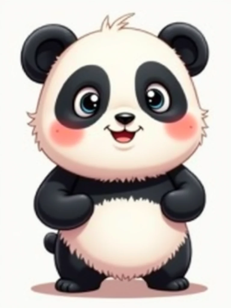 The panda is of average height, occupying about 1/3 of the screen height, with a round and robust body, typical of a panda,Compact and slightly flattened body, with short, thick limbs,big and round, with oval, black ears highlighted on top,grandes e expressivos, com círculos blackws ao redor, typical of a panda. The eyes are slightly shiny, giving a friendly and caring appearance,nase: Small and triangular, blackw, centered below the eyes. gura: small, with a slight friendly smile,The character is drawn in a cartoon style with soft, colorful contours., maintaining a captivating and friendly appearance,simple style suitable for a 2D platform