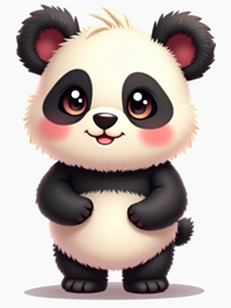 The panda is of average height, occupying about 1/3 of the screen height, with a round and robust body, typical of a panda,Compact and slightly flattened body, with short, thick limbs,big and round, with oval, black ears highlighted on top,grandes e expressivos, com círculos blackws ao redor, typical of a panda. The eyes are slightly shiny, giving a friendly and caring appearance,nase: Small and triangular, blackw, centered below the eyes. gura: small, with a slight friendly smile,The character is drawn in a cartoon style with soft, colorful contours., maintaining a captivating and friendly appearance,simple style suitable for a 2D platform