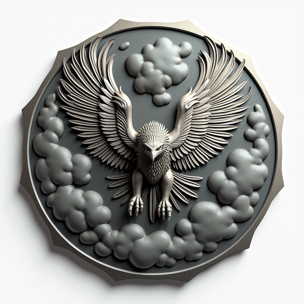 Griffin in Flight: A hyper-realistic 3D render of a jagged-edged coin with a deep-set griffin in flight at the center. The griffin, with its wings fully extended, is surrounded by swirling clouds and detailed feathers. The coin should be in full frontal focus, emphasizing its rugged surface and metallic sheen. The background must be plain and clear for easy cutting, with lighting that highlights the depth and dynamic movement of the griffin.
