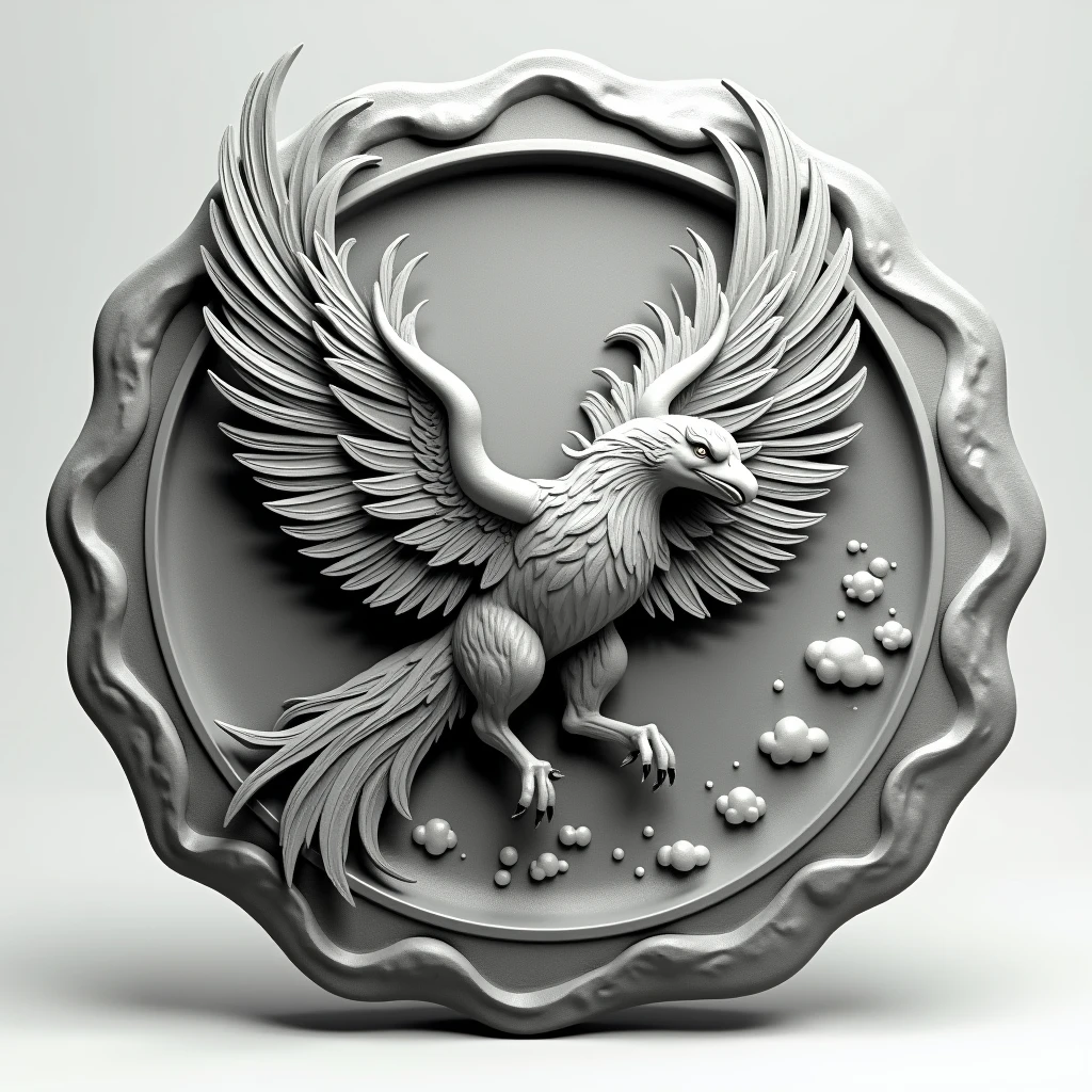 Griffin in Flight: A hyper-realistic 3D render of a jagged-edged coin with a deep-set griffin in flight at the center. The griffin, with its wings fully extended, is surrounded by swirling clouds and detailed feathers. The coin should be in full frontal focus, emphasizing its rugged surface and metallic sheen. The background must be plain and clear for easy cutting, with lighting that highlights the depth and dynamic movement of the griffin.
