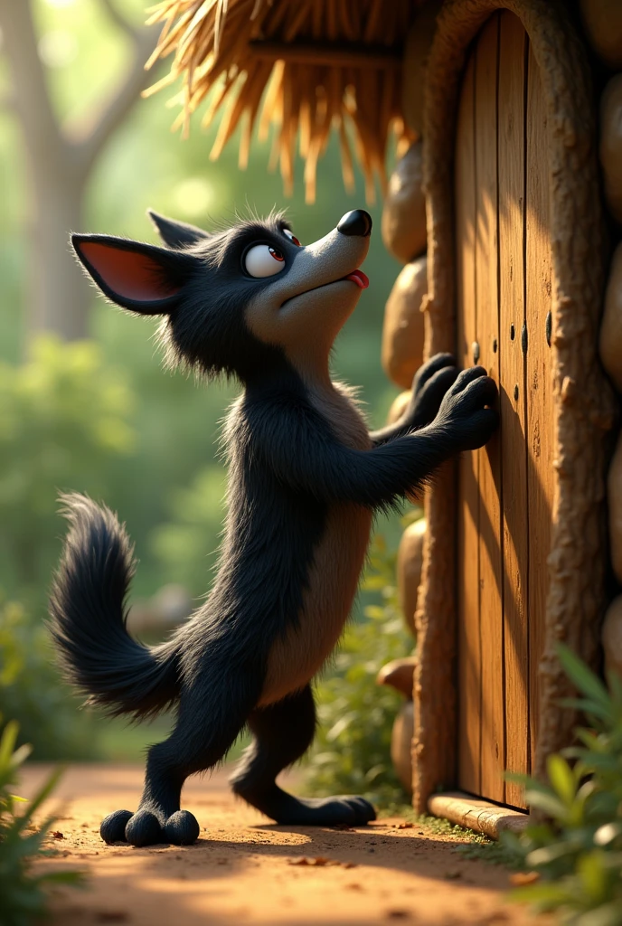 pixar style sideview of a 3D scary cute black furry wolf with realistic black fur 3D illustration with his long tongue sticking out looking at the wooden door and knocking the closed wooden door of a straw house, (1male wolf:1.2), (sinister yet playful expression:1.5), dangerously playful, dark humour, standing on its too feet like a cartoon character, lean build, (disproportionate body long nose and mouth), (smiling notoriously with expression of sly and mischief), (realistic fur texture), (jungle background:1.4), standing and knocking the door of a straw house, sunlight filtering through the trees, (soft lighting:1.3), (green and earthy color scheme:1.3), (highly detailed), (ultra quality:1.3), (masterpiece), (digital art), 8K resolution, HDR, depth of field, (soft shadows), (photorealistic:1.3), (animation:1.2), (by Greg Rutkowski:0.9), (in the style of Alphonse Mucha), trending on ArtStation, award-winning art
