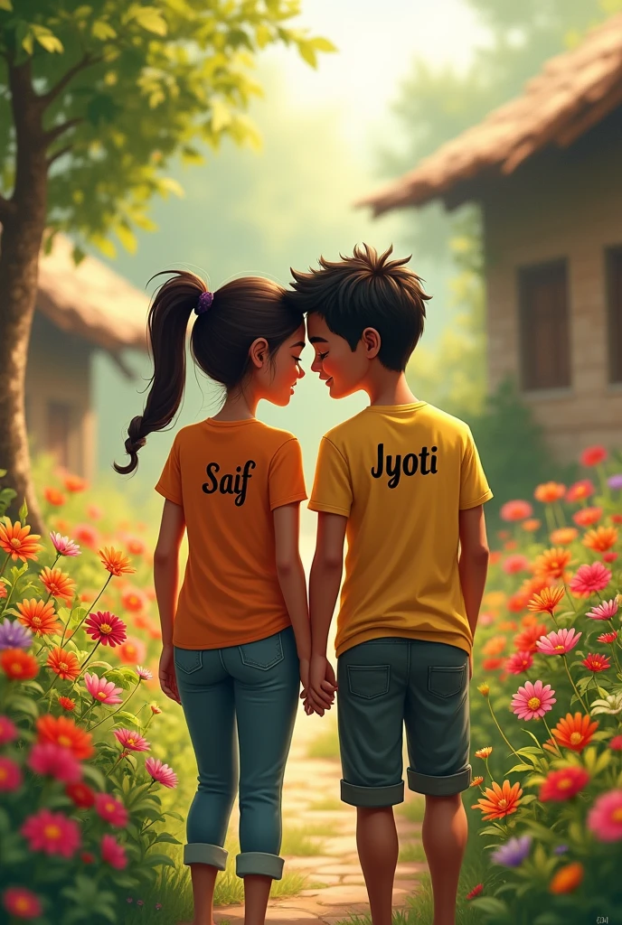 A couple in village flower garden and her tshirt behind name Saif his tshirt behind name jyoti