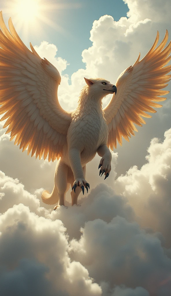 a griffin emerging through the white clouds while flying in the sky, partial body is buried by clouds, surrounded by fluffy clouds, extending its lion like limbs, sunlight shining bright, low angle camera, well defined detail, sharp color, high definition