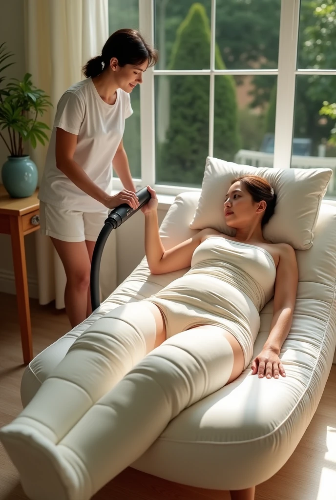 , mother cleaning with vacuum cleaner, lying on sunny custom leg-rest, im wearing thick fiberglass full body cast ,covers my abdomen, hip, legs, wearing incontinecediaper , the edges of the cast are lined soft padding, table , pillowsAnatomicamente correto,