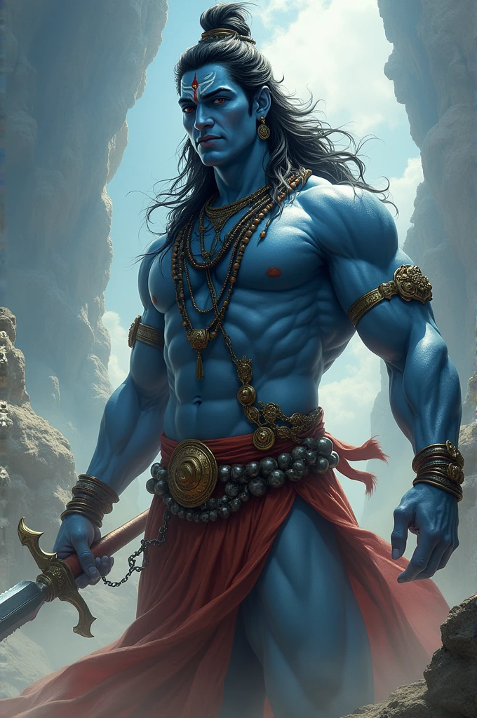 I want lord shiva like that full body 
Muscular Build: Shiva has a strong, muscular physique, reflecting his prowess as a warrior and his rigorous training.

Distinctive Eye Color: He is noted for his strikingly blue eyes, which set him apart from others.

Height: Shiva is described as tall and imposing, adding to his presence and leadership qualities.

Facial Features: He has a rugged, charismatic face with a strong jawline and a commanding appearance.

Hair: Shiva’s hair is long and often described as being tied back, suitable for a warrior’s practical needs.