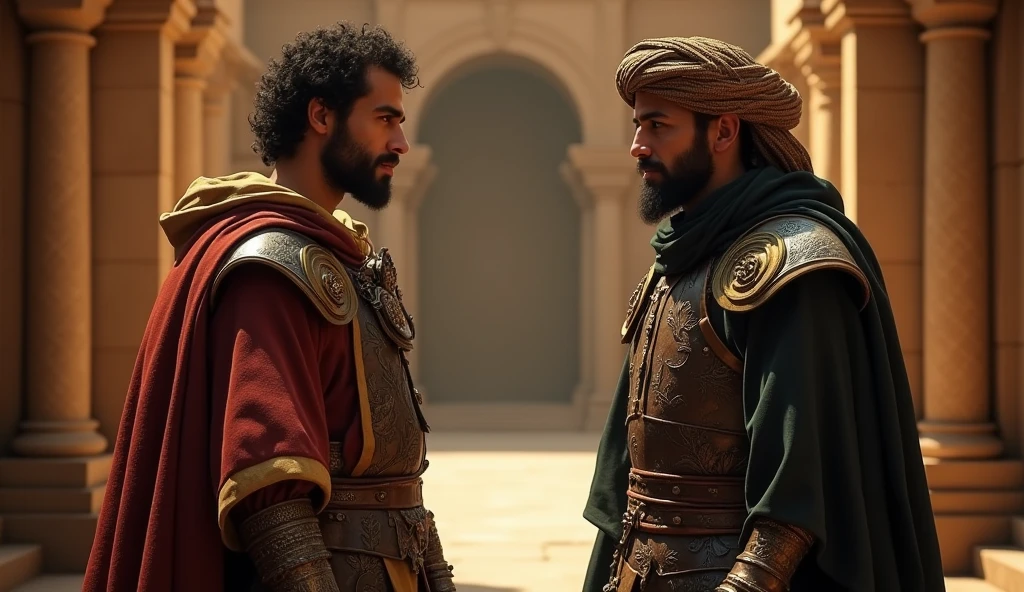 Create an epic, cinematic scene of Julian’s interaction with Thariq bin Ziyad, both depicted in period-accurate attire. Julian should be wearing Visigothic noble clothing, while Thariq is dressed in traditional Islamic warrior garb, including a turban and armor. The two figures are engaged in a significant dialogue, with expressions that reflect the weight of their conversation. The background features a grand, historical setting, such as a dimly lit chamber or an open landscape with ancient architecture. The lighting is dramatic, with soft shadows and warm highlights that accentuate the details of their clothing and expressions. Epic color grading adds depth and richness to the scene, making it feel both historically accurate and visually captivating.