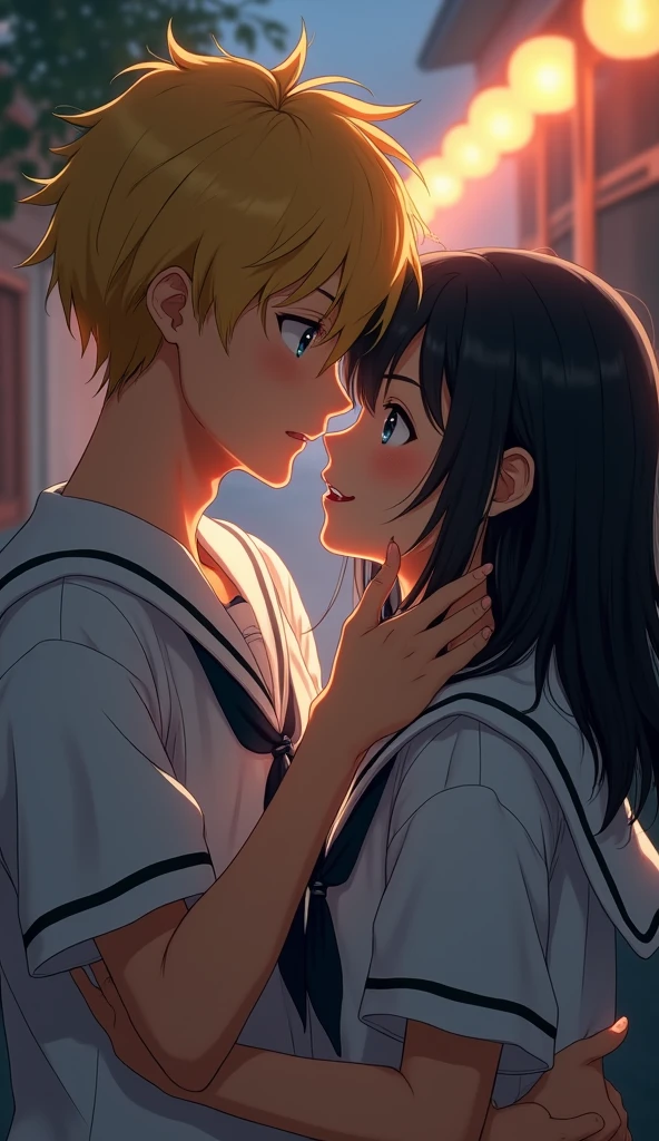 (32K:1.9, Highest quality, masterpiece, Ultra-high resolution), Perfect dynamic composition:1.3, Highly detailed skin and facial textures:1.3, Cute sexy slim Japanese schoolgirl, (Slimman, Height about 180cm), (They both close their eyes, Man hugging woman:1.3), Fair skin, ((Clarity:1.1)), (Man is anime「Marmalade Boy」Play:1.3, Light yellow hair, beautiful目:1.3), (The woman is wearing a sailor suit with a light blue tie.:1.3, Straight black hair.:1.3, smile:0.9, A man completely charms a woman:0.9, beautiful Blue Eyes, beautiful, Clear Eyes:0.8), Sexy Face:0.4, blush:1.1, (beautifulエロティシズムを醸し出す雰囲気:0.8), Professional random camera work, Cinematic Lighting Effects, (Full Body Shot), (Too erotic), romantic, mysterious, Object of admiration, original, dramatic, artistic, Innovative, charm, Heartful, Fancy, Tilt, sense of loss, special, exciting, Extreme, sense of openness, joy, joyの表現, ((若さのcharm, 女性的なcharm))
