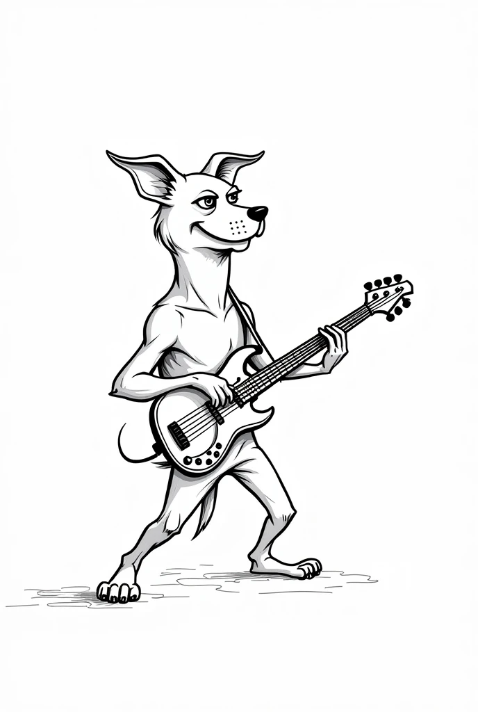 Line drawing of dog playing bass
