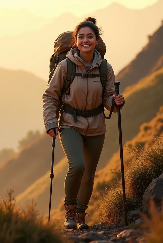 Photorealism 1.4 realistic realism high detailed definition Malay adult women climbing hill wearing adventure attirecamping backpack smile hold stick smoke effect sunlight silhouette