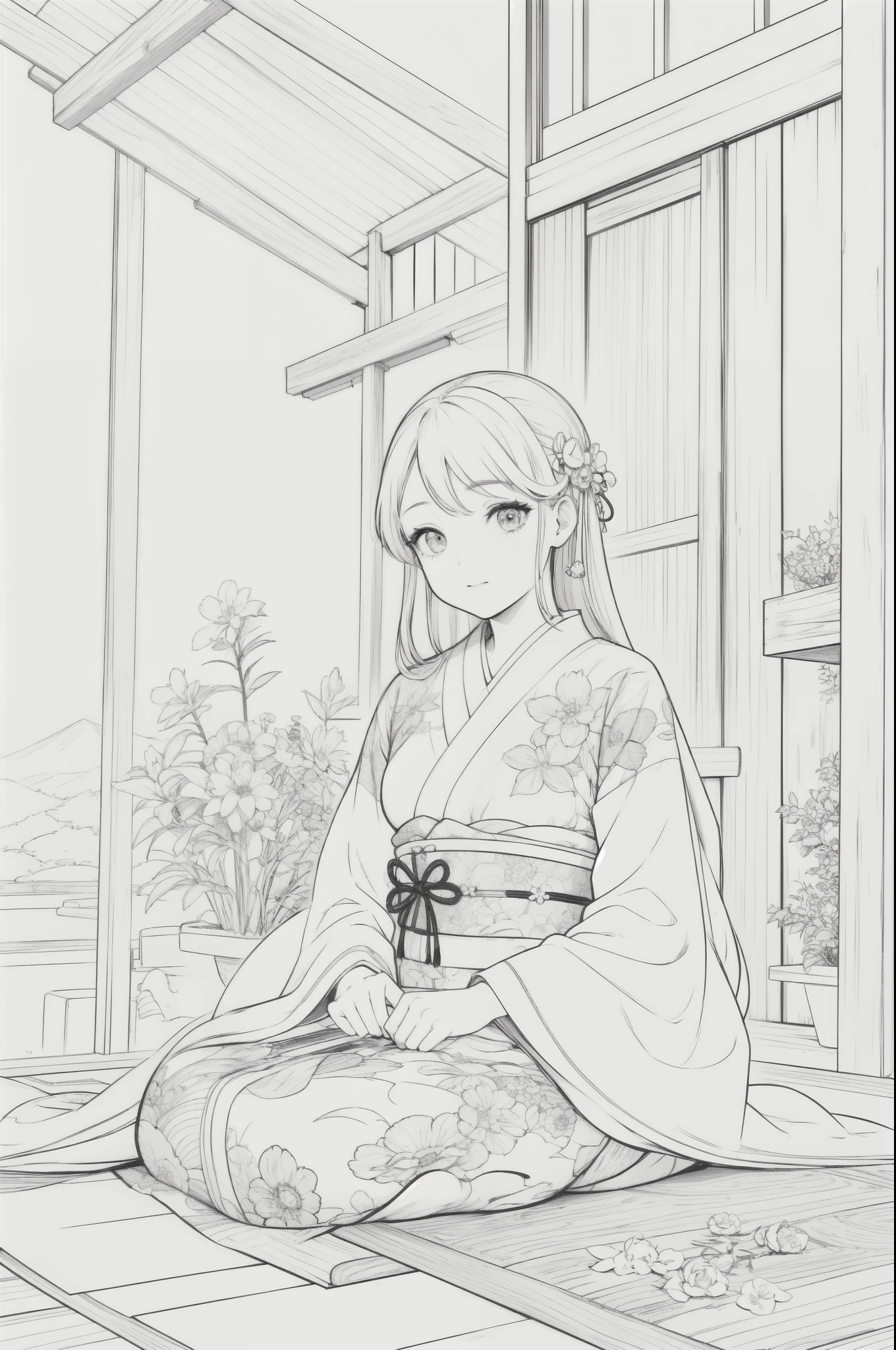 Masterpiece, top class, unique, cute, flowers, line drawing background, white background, monochrome, line drawing, ((sketch)), creepy, white eyes, create a monochrome coloring book that even adults can easily do, a realistic and cute ukiyo-e of a girl wearing a kimono, model pose, sitting on a veranda with a Japanese garden as the background, conveying Japanese culture.
