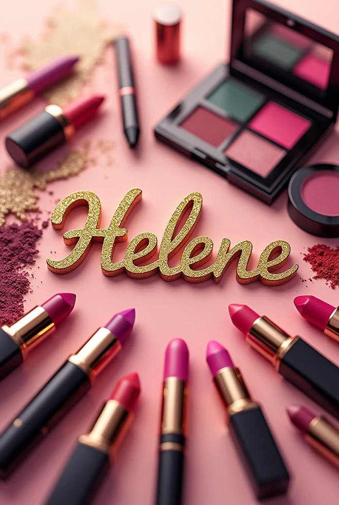 Lipsticks Eyeshadow palettes Eye color pencils Helene written in the center in gold