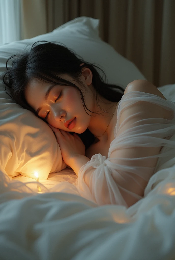 Draw a girl in a bed with transparent clothes