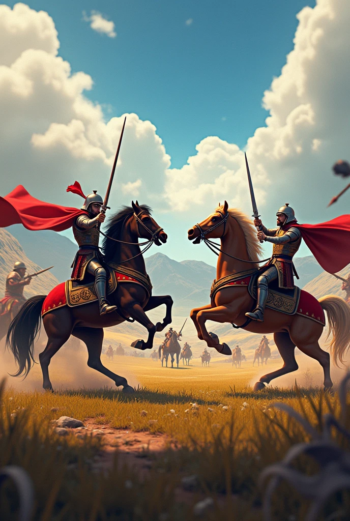 Animated pictures of people on horseback fighting with swords and arrows 