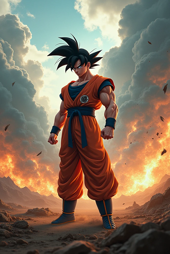 Create Goku on the battlefield after an epic fight with special effects 