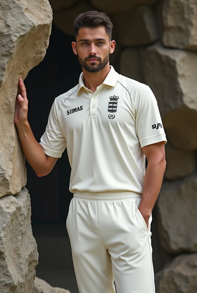A man 30 years old boy stood with his hand on the rock wearing cricket white jersey