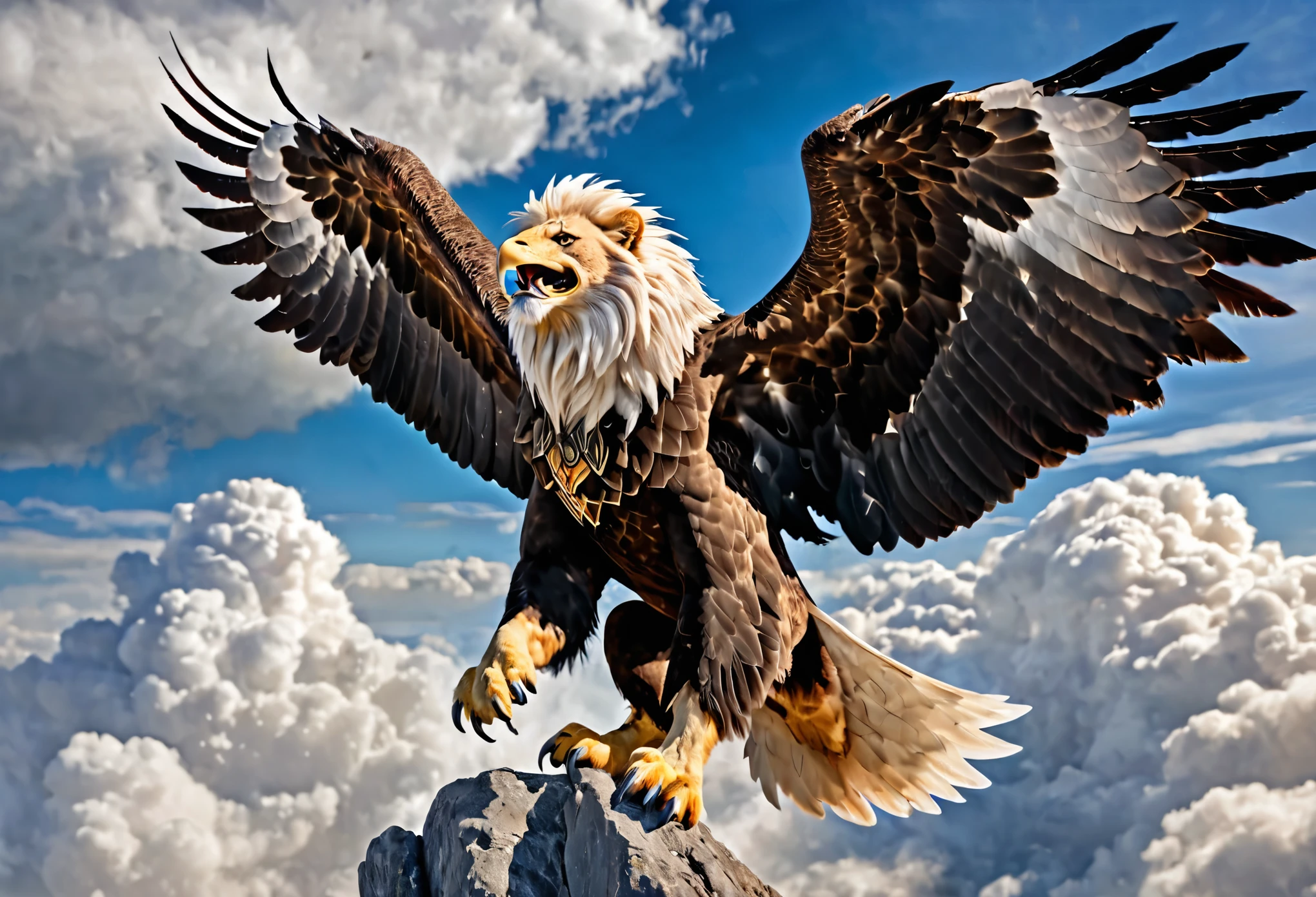 A griffin (head and mane of a white eagle, huge eagle wings attached to the shoulders, fore legs and talons of a bald eagle, body and hind legs of a lion, lion tail) flies majestically in the clouds