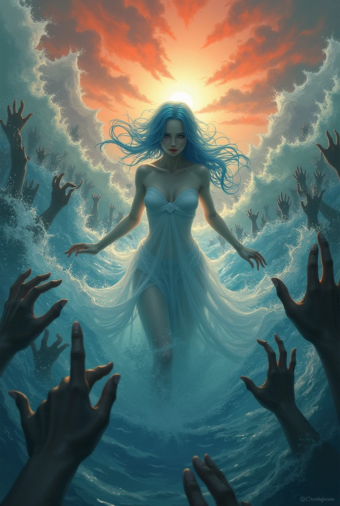 A water fairy with pale blue hair, pale white skin and a beautiful face is seeking to escape a tumulteous ocean filled with a thousand watery graspy hands; thousands of disembodied hands are reaching out to capture the delicate fairy seeking to escape the water.  In the background, a dawn seething with fiery crimson and orange hues.