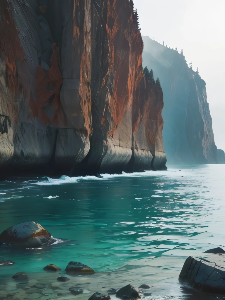 there are many rocks in the water near the shore, a picture by Kristin Nelson, unsplash, les nabis, with jagged rocks and eerie, incredibly beautiful, with jagged rocks & eerie, rocky cliffs, rocky cliff, with lots of dark grey rocks, sheer cliffs surround the scene, rock formations, jagged rocks, black rocks, photo taken from a boat