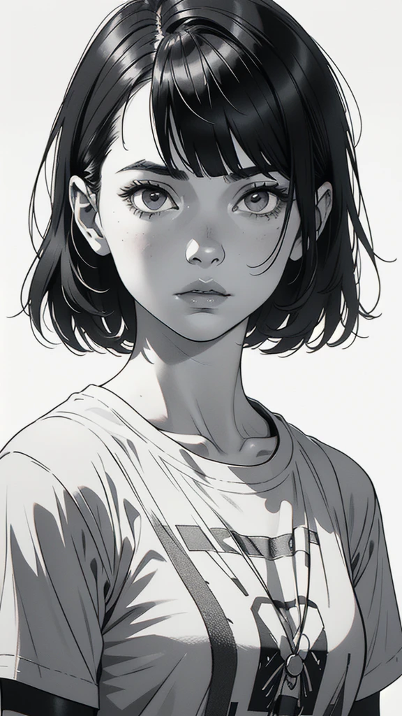 1 boyish girl, solo, sharp eyes, monochrome, greyscale, short black hair, portrait, white T-shirt, thin eyebrows, closed mouth, looking at viewer, graphite \(medium\), detailed lips, hatching \(texture\), without makeup, full bangs, upper body, (best illustration), (best quality), (very detailed), (masterpiece), expressionless,