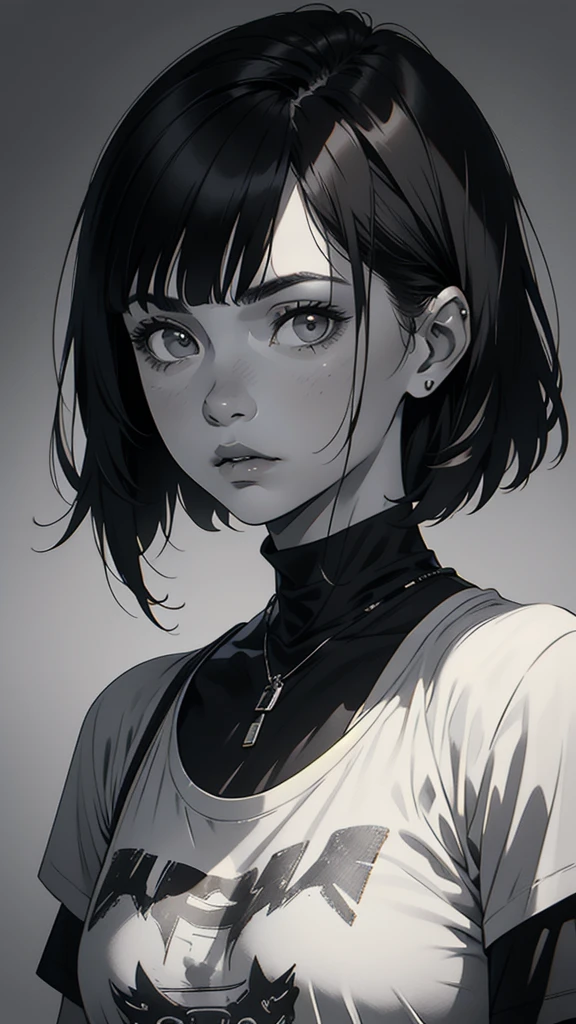 1 boyish girl, solo, sharp eyes, monochrome, greyscale, short black hair, portrait, white T-shirt, thin eyebrows, closed mouth, looking at viewer, graphite \(medium\), detailed lips, hatching \(texture\), without makeup, full bangs, upper body, (best illustration), (best quality), (very detailed), (masterpiece), expressionless,